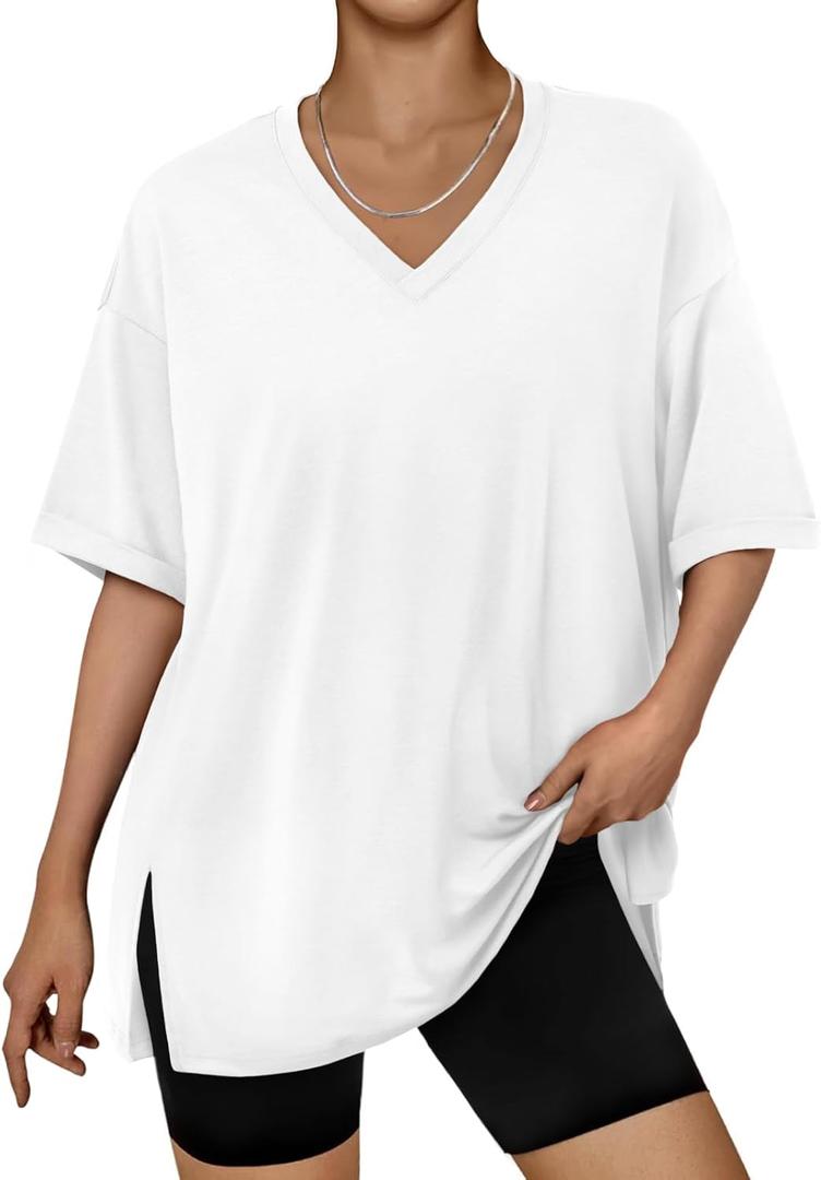 Trendy Queen Oversized Tshirts for Women Workout Plus Size Tops V Neck Short Sleeve Gym Shirts Casual Loose Fit Basic Tees (Medium, White)