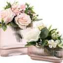 YANWE1 Short Glass Vases, Set of 2 Pink Glass Vases for Tulips, Ribbed Vase for Flowers, Modern Small Vase for Living Room, Dining Room, Bathroom, Desk, Shelf, Wedding, Office