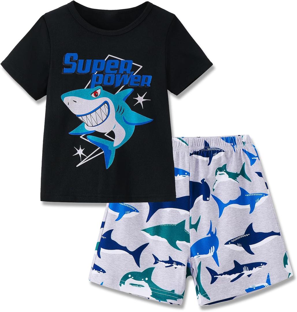 Mikrdoo Boys Summer Pajamas Size 6 Little Kids Short Sleeve Pj Set, Black Shark, 6 Years