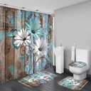 AZHM Farmhouse Flower Floral Shower Curtain Set 4pcs Rustic Teal Turquoise Daisy Bathroom Accessory Set with Rugs and 12 Hooks