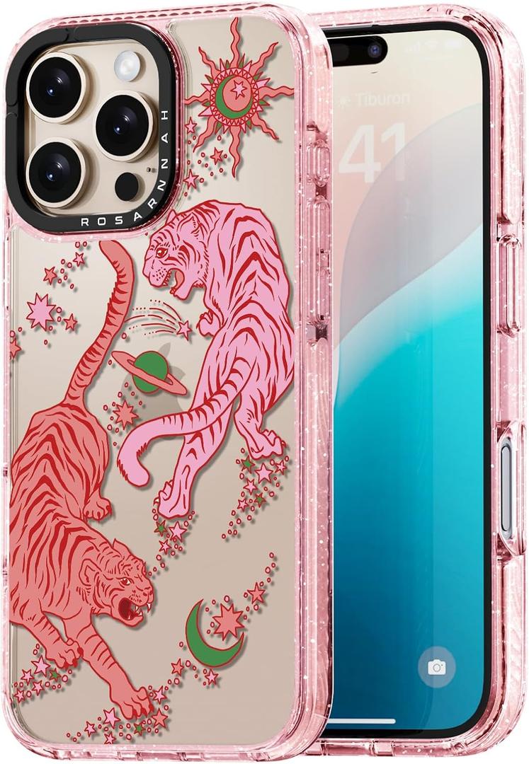 Compatible for iPhone 16 Pro Max Case Cute - Durable Shockproof 6.6 ft Drop Impact Phone Case - Glitter Pink Funny Tiger Design for iPhone 16 Pro Max 6.9"