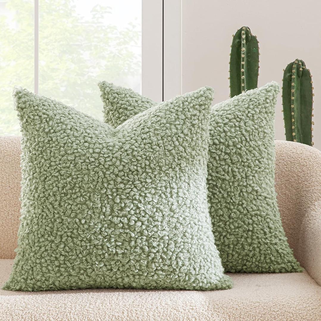 MIULEE Pack of 2 Light Green Faux Fur Throw Pillow Covers 18x18 Inch Boucle Decorative Sherpa Spring Pillow Covers Fuzzy Accent Soft Sheepskin Fleece for Boho Home Decor Sofa Living Room Couch Bed