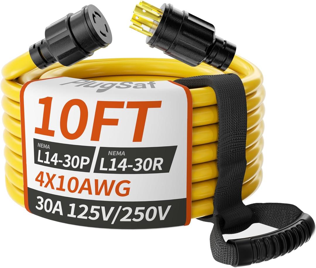 PlugSaf 10FT 30 Amp Generator Extension Cord 4 Prong, NEMA L14-30P/L14-30R 10 Gauge STW 125/250V Twist Lock Generator Cord Heavy Duty, Yellow ETL Listed