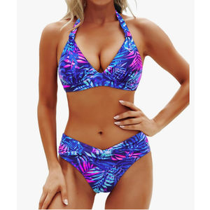 Yonique Women Two Piece Bathing Suits Push Up Bikini Set Halter Swimsuit Vintage Swimwear, size Large