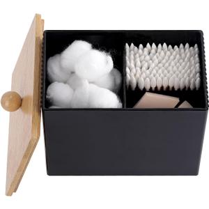 Ohlove Qtip Holder with Bamboo Lids, 3 Compartments Cotton Ball/Swabs Dispenser, Apothecary Jar Plastic Container for Storage and Organizer (Black)