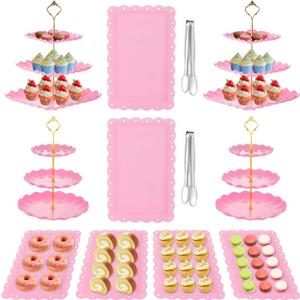 12 Pcs Cake Stand, Dessert Table Display Set, 4 Pcs 3 Tier Cupcake Stand Tower Holder and 6 Pcs Serving Tray and 2 Tongs for Tea Party Baby Shower Birthday, Pink