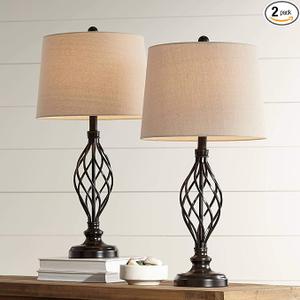 Franklin Iron Works Annie Traditional Rustic Farmhouse Table Lamps 28" Tall Full, 1 Pc, Bronze Iron Scroll Tapered Cream Drum Shade for Living Room Bedroom House Bedside Nightstand Home