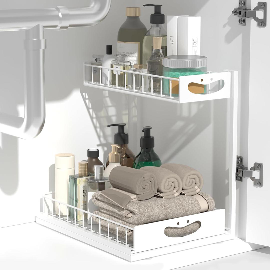 Under Sink Organizer with Pull-Out Drawers,Kitchen Sink Organizer,2 Tier Bathroom Organizers And Storage,Bathroom Accessories Set,White 1 Pack
