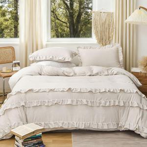 Beige Ruffle Duvet Cover Queen 3Pcs Ruffled Duvet Cover Set Cottagecore Frilly Bedding Set 100% Washed Microfiber Shabby Chic Farmhouse Bedding with 2 Pillowcases(No Comforter) (Queen(90" x 90"))