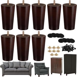 Ruisita 8 Pieces Furniture Couch Legs 4 Inch Round Solid Wood Sofa Legs with M8 T-Nuts Natural Wooden Couch Leg Replacement Leg for Armchair, Cabinet Chair Footstool Mid Century Modern Dresser, Brown