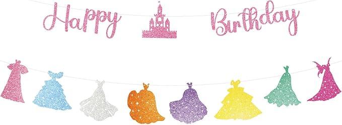 Princess Birthday Party Decorations Include 1pc Glitter Happy Birthday Banner,1pc Princess Banner and 14pcs Cute Hanging Swirls for Girls, Pre-Assembled Party Decorations
