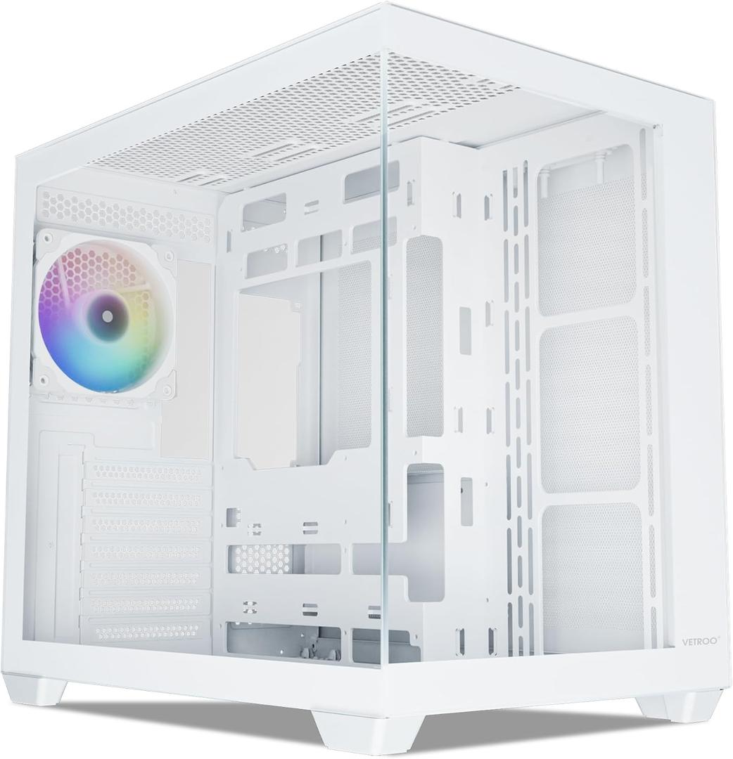 Vetroo AL900 ATX PC Case with 270 Full View Tempered Glass, Pre-Installed ARGB & PWM FDB Fan, Supports 360mm Radiator & 10 Fans, Type-C Ready, for 50 Series GPUs (White)