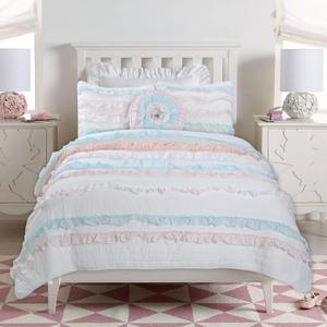Cozy Line Home Fashions Light Pink Blue Coral White Ruffle 100% Cotton Reversible Girl Quilt Bedding Set, Reversible Coverlet Bedspread (Shabby Chic, Queen - 3 Piece)