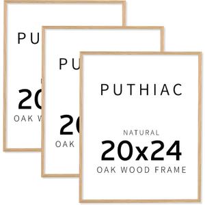 puthiac 20x24 Solid Oak Wood Picture Frame, No Mat, Wall Display Only, Vertical or Horizontal, Plexi Front, 3 Pack, Natural Oak