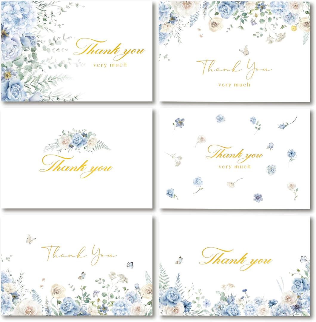 Crisky 50 Pcs Floral Thank You Cards with Envelopes & Stickers, Gold Foil Watercolor Blue WildFlowers Greeting Cards for Bridal Shower, Wedding, Birthday, Baby Shower