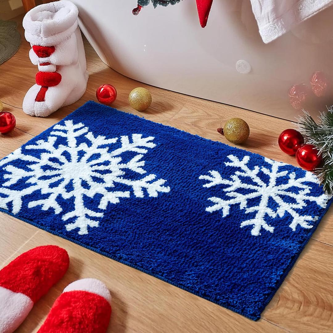 VivaNest Luxury Blue Snowflake Winter Christmas Bathroom Mat, 20"x32" Extra Soft and Absorbent Microfiber Bath Rug, Non-Slip TPR Back, Plush Shaggy Bath Carpet for Floor (1'8" x 2'8" (Rectangular))