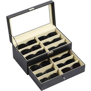 AUTOARK Leather 12 Piece Eyeglasses Storage and Sunglass Glasses Display Drawer Lockable Case Organizer,Black,AW-023