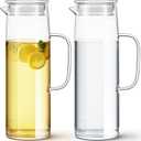 Hsei 2 Sets Glass Pitcher with Lid, 50 oz / 1500 ml Water Carafe with Handles Hot Cold Beverage Water Jar Glass Jug for Tea Juice Milk Coffee Iced Beverage (Glass Lid)