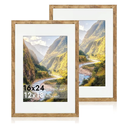 16x24 Picture Frame Set of 2 with Plexiglass, Display 12x18 Picture with Mat or 16 x 24 Without Mat, Rustic Brown Wood Poster Frame for Photo Wall Gallery Mounting Horizontal and Vertical