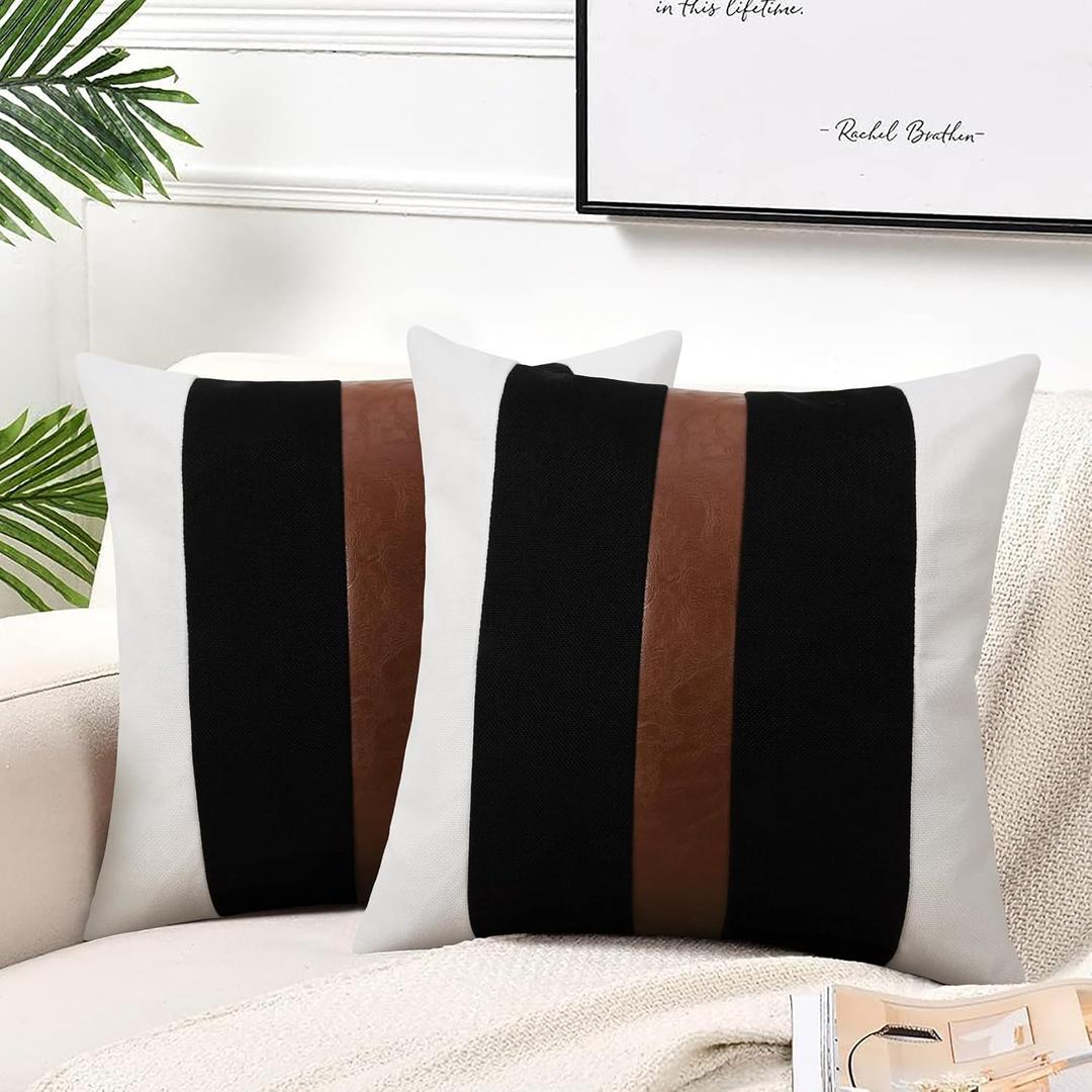 JASEN Set of 2 Faux Leather and Linen Throw Pillow Covers 20x20 Inch Black and White Modern Farmhouse Accent Pillow Covers for Couch Sofa, White, 20" x 20" (Pack of 2)