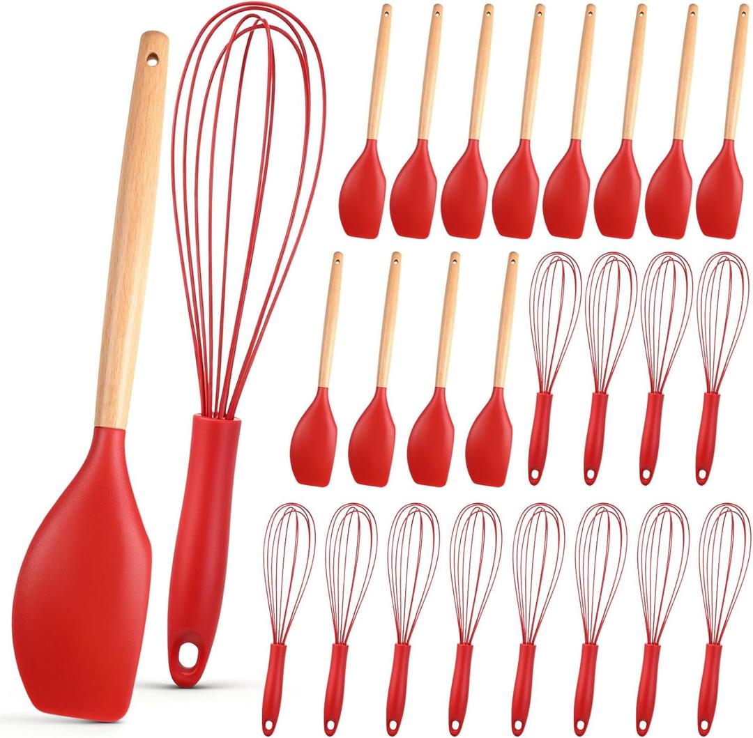 Funnymoom 24 Pcs Red Silicone Spatula and Whisks Set 12 Inch Bulk for Cooking Non-scratch Balloon Wire Whisk Spatula Christmas Baking Mixing Tool Cookware for Cooking Party Favor Xmas Craft Gift