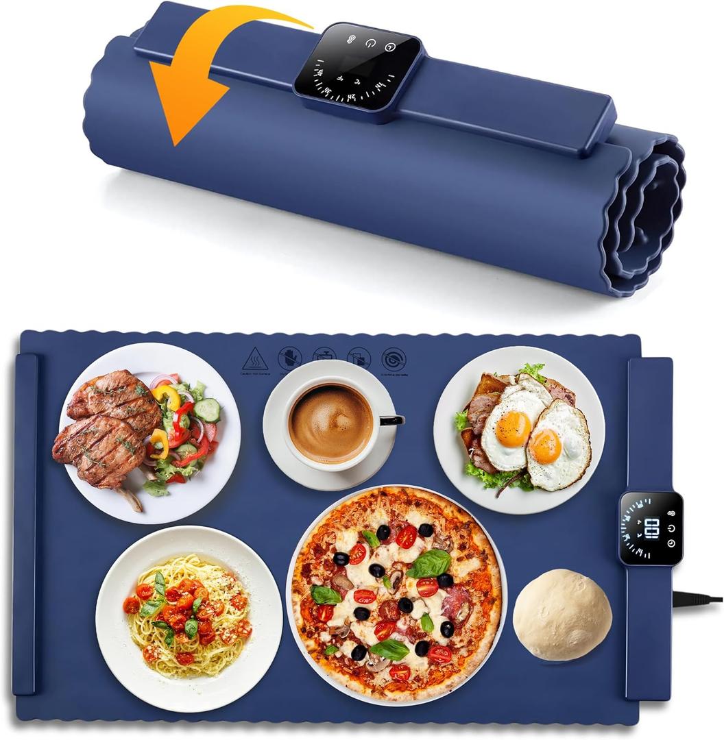 A&F Global Extra Larg Food Warming Mat, Roll Up Food Warmer with Fast & Even Heating,(26" x15.15") Premium-Grade Silicon Material, 5 Temperature Settings, Versatile Food Warmers for Parties (Blue)