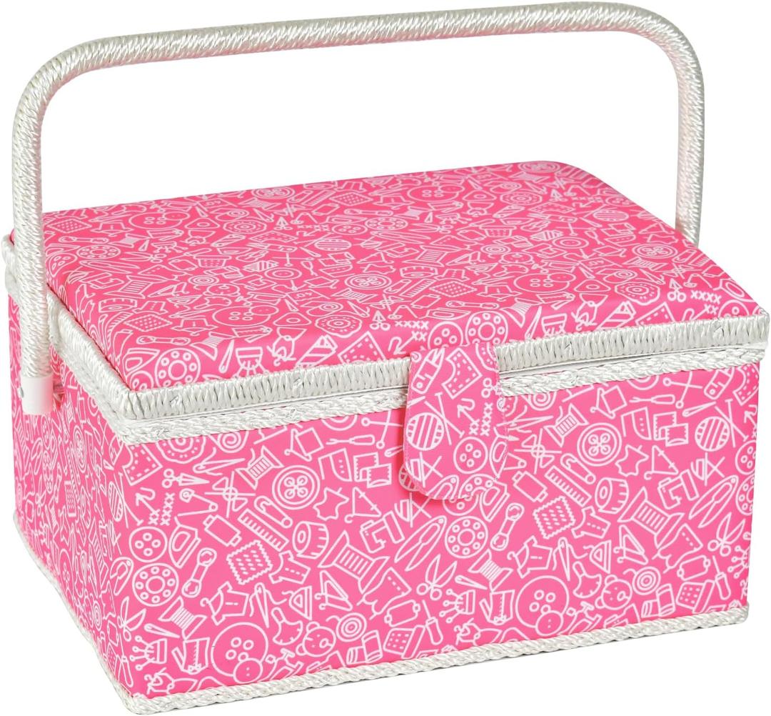 Sewing Basket (Pink, Large Rectangle) | Wooden Sewing Storage Box with Removable Tray, Vintage Sewing Carrying Bag for Sewing Mending, Beginner, Professional
