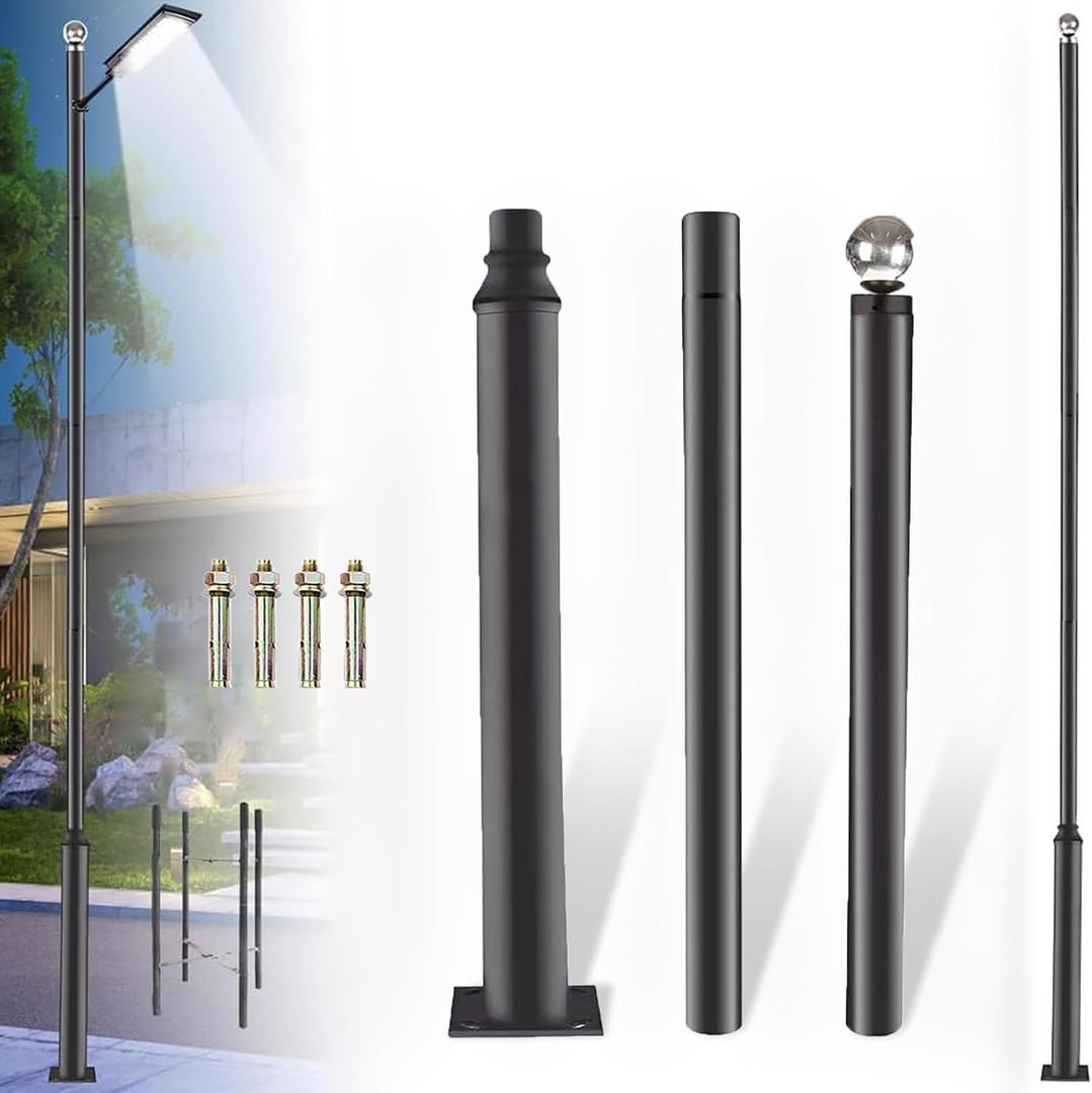 Street Light Pole 10Ft Tall, Outdoor Solar Street Lamp Post with Base,Sub-Assembly of Street Light Poles for Backyard, Street, Patio,Park,Parking,Walkway (10FT Black 114+76mm)