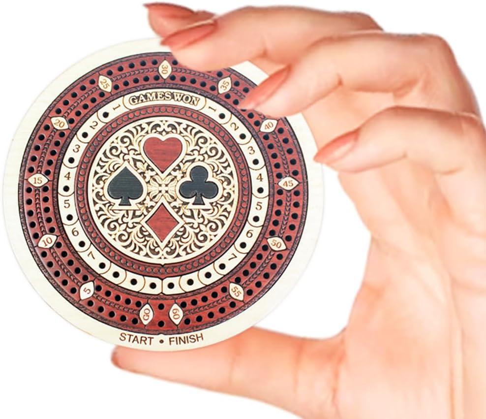 House of Cribbage - 2 Track 60 Points - Round Shape Pocket Size Wooden Travel Cribbage Board - Size 4 Inch (Maple Wood/Bloodwood)