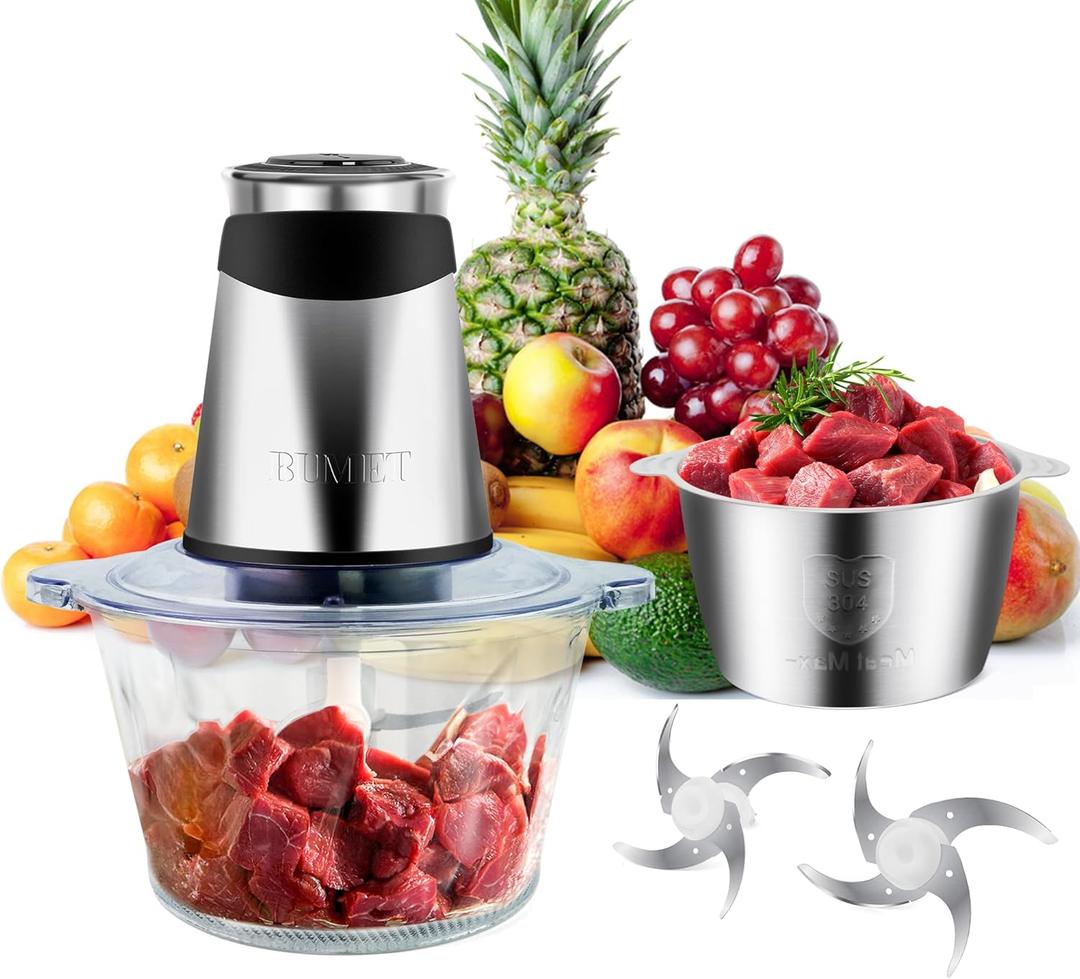 Electric food processor vegetable chopper 500W 2x8cup bowls 2 bi-layer 4 blades Small Food chopper Electric Meat grinder for home use,Mincing, and Puree for kitchen aid, baby foot, pet food (8cups+8cups)