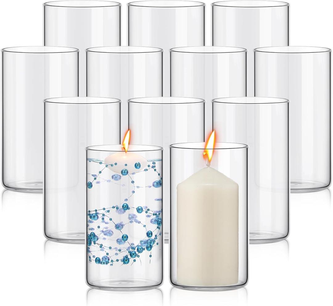 Gerrii 12 Pack Glass Cylinder Vases, Tall Clear Flower Vase for Centerpieces, Hurricane Floating Candle Holder Bulk for Wedding Table Home Formal Dinners Party Decor(6 x 3.35 Inch)
