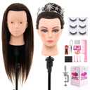 28Inch 80% Real Hair Mannequin Head - Cosmetology Mannequin Head with Hair for Makeup Braiding Makeup Curling Cuting, Make up Doll Head for Styling with Table Clamp hair Styling Set (Dark Brown)