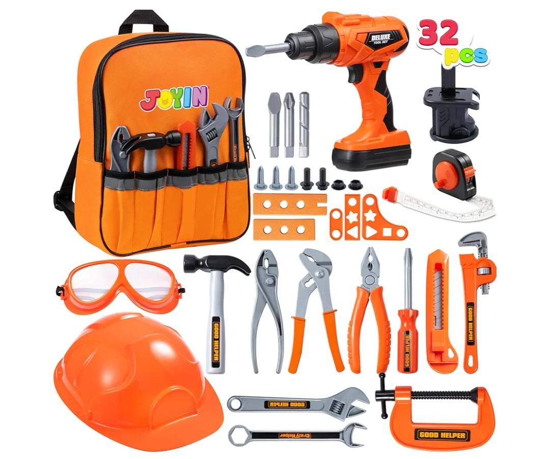 JOYIN 32PCS Kids Tool Set, Toddler Tool Toys with Construction Backpack Costume & Electronic Toy Drill for Boy Girl Easter Basket Stuffers Birthday Gift for Toddler Boys Age 3 4 5 6
