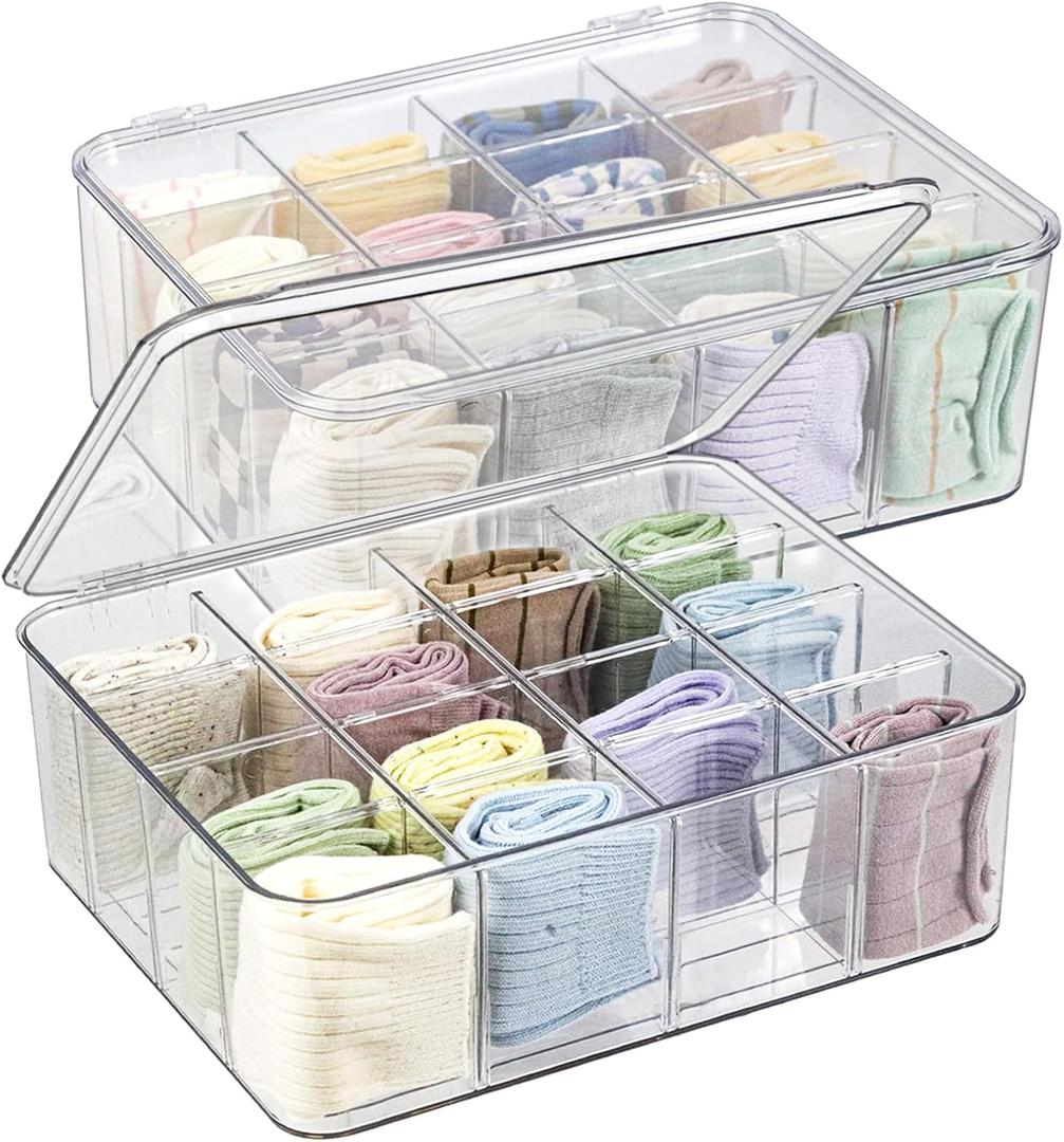 ZEXALOR Plastic Clear Storage Containers, Set of 2, Sock Organizer Divided Boxes with Lids, Underwear Drawer Organizer, Tie Dresser Organizer (11.8×9.4×3.9")
