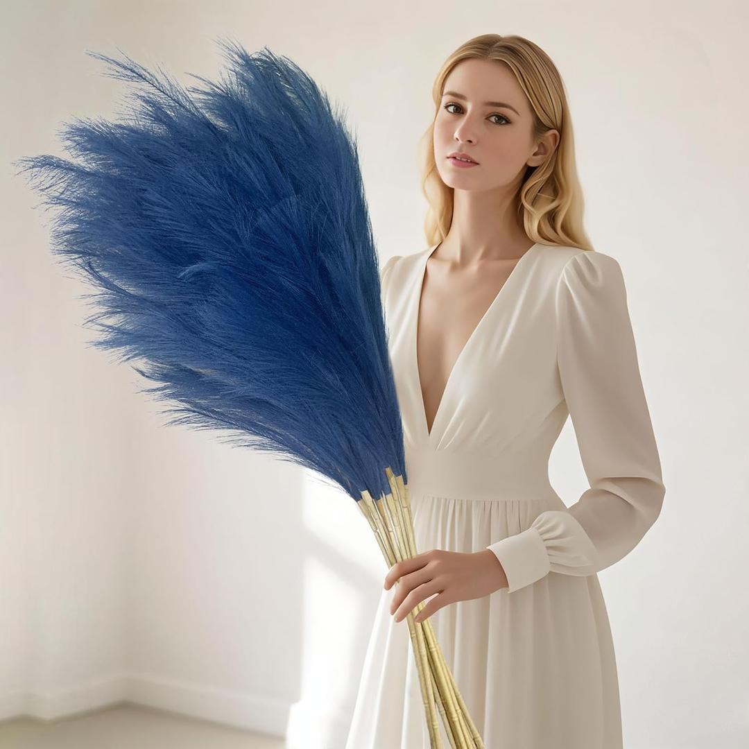 8 Pcs Royal Blue Tall Faux Pampas Grass Decor, 45 Inches Artificial Pampas Grass Bulk, Large Faux Pompas Dried Decor for Floor Vase Filler, Home Boho, Wedding Anniversaries, Baby Shower Decoration