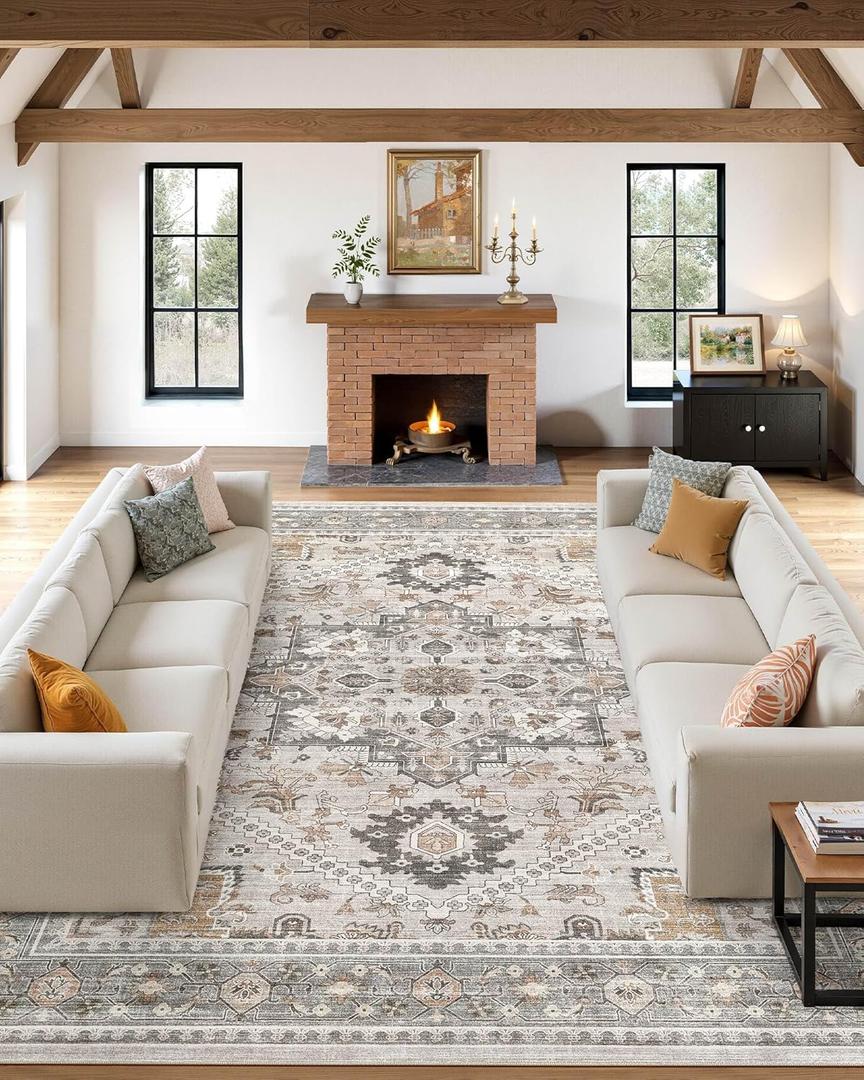 10x14 Vintage Area Rug: Washable Neutral Soft Non Slip Thin Large Floor Carpet for Living Room Bedroom Kitchen Dining Room Home Office Farmhouse Indoor - Taupe
