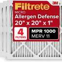 Filtrete 20x20x1 AC Furnace Air Filter, MERV 11, MPR 1000, Micro Allergen Defense, 3-Month Pleated 1-Inch Electrostatic Air Cleaning Filter, 4 Pack (Actual Size 19.69x19.69x0.81 in)