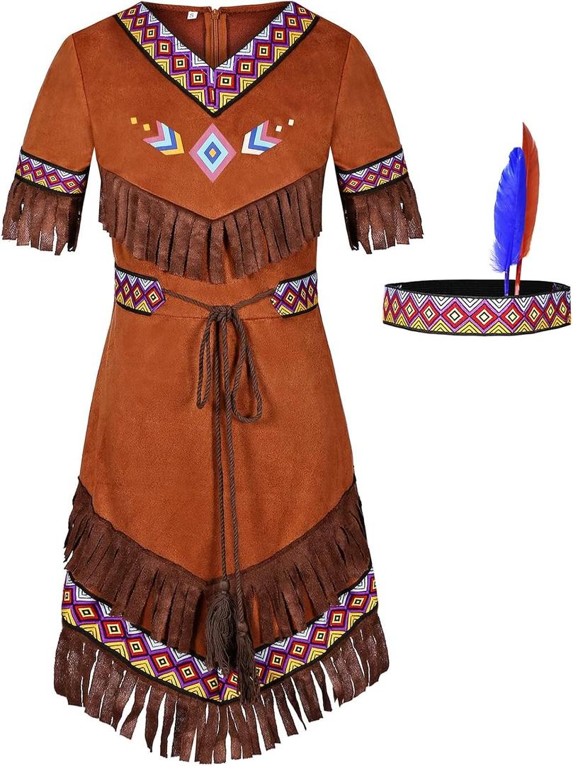 Gorkonpy Native American Costume Girls with Headdress (Brown, 10-12Years)