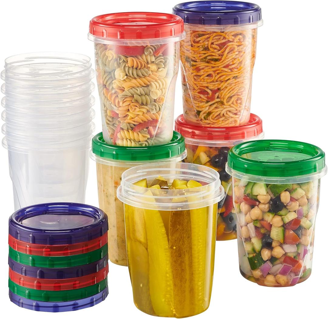 ELEGANT DISPOSABLES Twist Top Food Storage Containers 32 oz 12 Pack Plastic Freezer Storage Containers Leakproof Reusable with Screw on Colored Lids 3 Colors