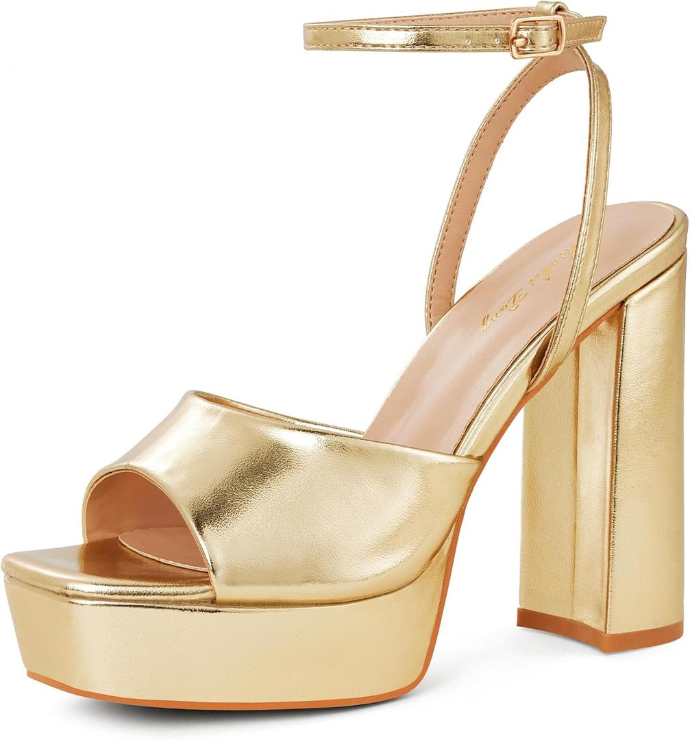 Elisabet Tang Chunky Heeled Platform Sandals for Women,4.7 Inch Block Heels with Open Toe Ankle Strap, Dress Shoes for Wedding Party Homecoming Travel Gold Size 7.5