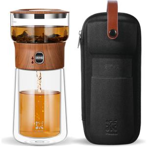 ZENS Modern Glass Infuser Teapot, One Touch Tea Maker for Loose Leaf Tea with Insulated Mug and Portable Case. Enchanted Pot Alternatives for Tea Lover Gifts