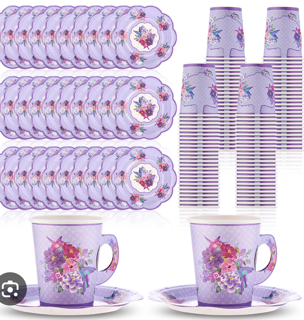 Mifoci 200 Pcs Floral Tea Party Supplies 100 Paper Tea Cups 100 Floral Paper Plates 9 oz Disposable Flower Cups with Handle for Hot Cold Drink Garden Bridal Wedding Birthday(Exquisite)