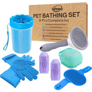 8PCs Dog Grooming Kit - Dog Shampoo Brush | Washing Gloves | Adjustable Dog Bath Brush | Dog Paw Cleaner | 2X Toothbrush | Dog Scrubber For Bath & Massage - Grooming & Bath Supplies for Dogs and Cats