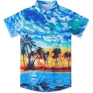 westwolf Little Big Boys Hawaiian Shirts Button Down Short Sleeve Tops Hawaiian Shirt for Kids 3-14T (7-8 Years, 02 Blue Palm)