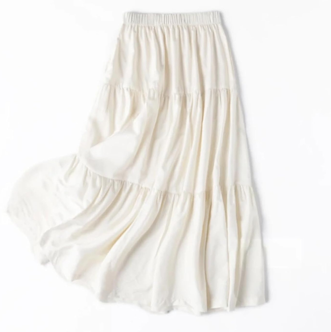 Annebouti Womens Spring Summer Boho Elastic Long Skirts High Waist Pleated A Line Tiered White S