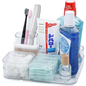 FABROK Bathroom Organizer and Storage, Plastic Toothbrush and Toothpaste Holder, Countertop Vanity Organizer for Hair Brushes, Makeup Supplies, Perfume (Clear)