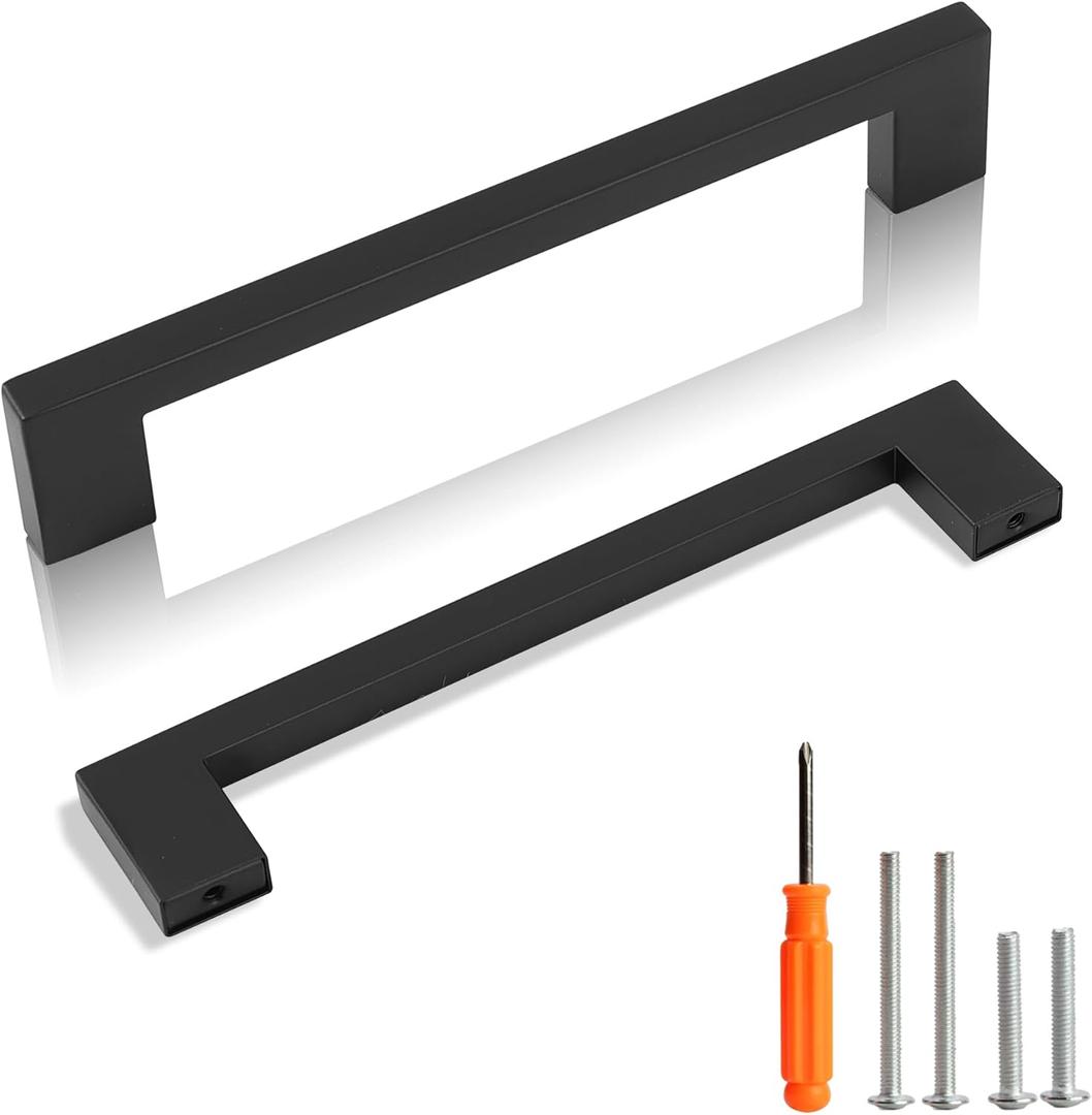 Cabinet Pulls Matte Black Cabinet Handles Square Drawer Pulls, 5 Pack 6-1/4 Inch 160mm Hole Centers Stainless Steel Kitchen Door Cupboard Cabinet Handles, Drawer Hardware Handles