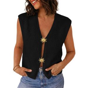 LILLUSORY Womens Vest Tops Spring Cute Sweater Knit V Neck Button Down Summer Outfits Casual Loose Cardigan (Small, Black)