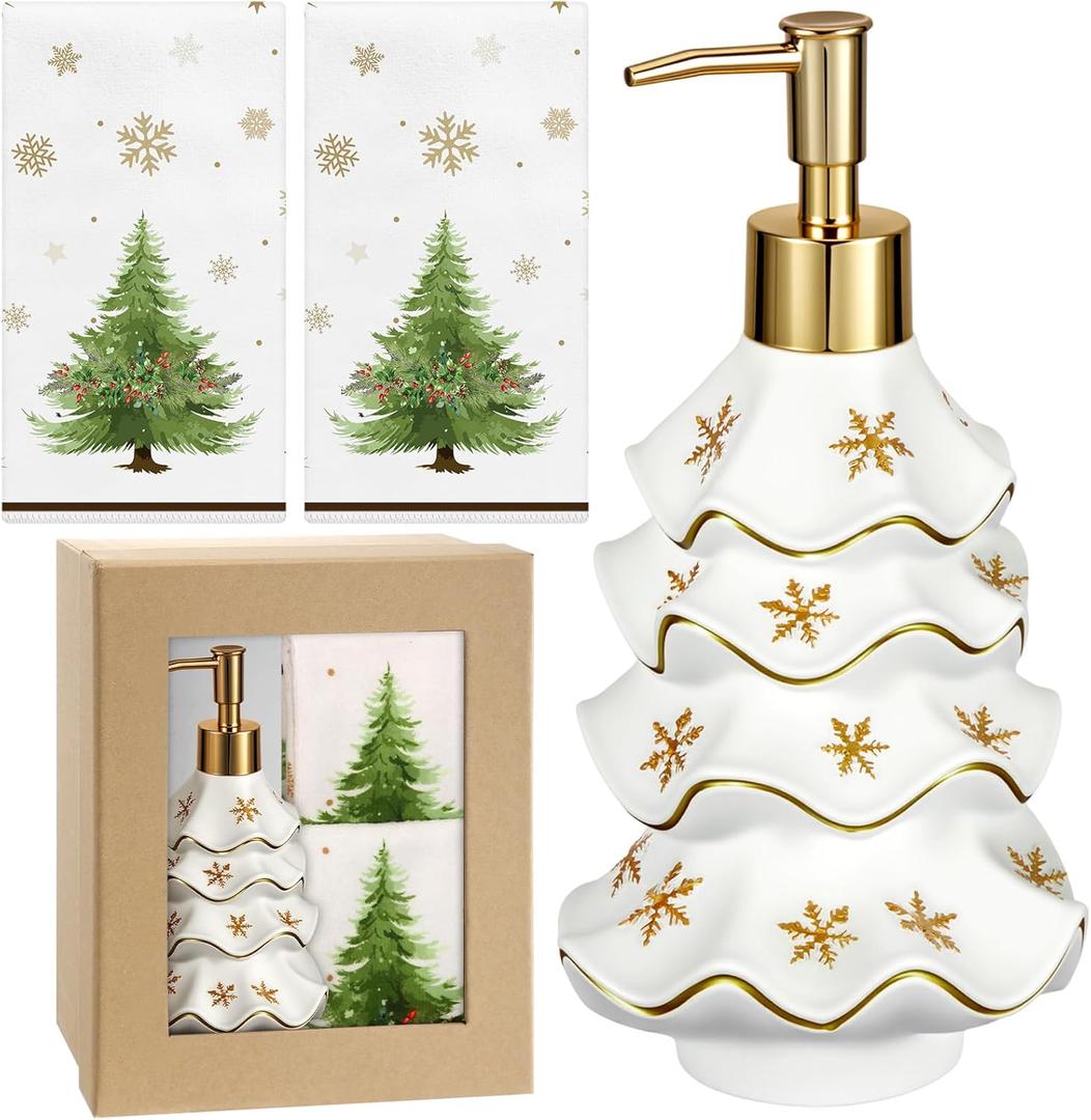 Teenyyou Christmas Soap Dispenser and Towel Set Tree Hand Soap Dispenser with 2 Hand Towels Refillable Lotion Essential Oil Dispensers with Pump for Christmas Bathroom Kitchen (Gold White)