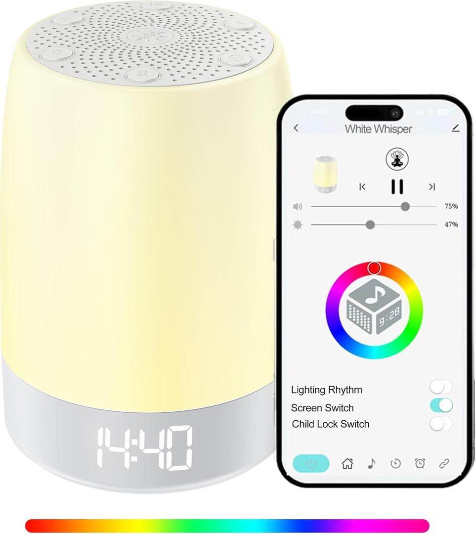 White Noise Machine for Baby Sleeping with Night Light,White Noise Machine for Kids Adults,32 Soothing Sounds,Sunrise Alarm Clock,Rechargeable,App Control for Office Home Travel